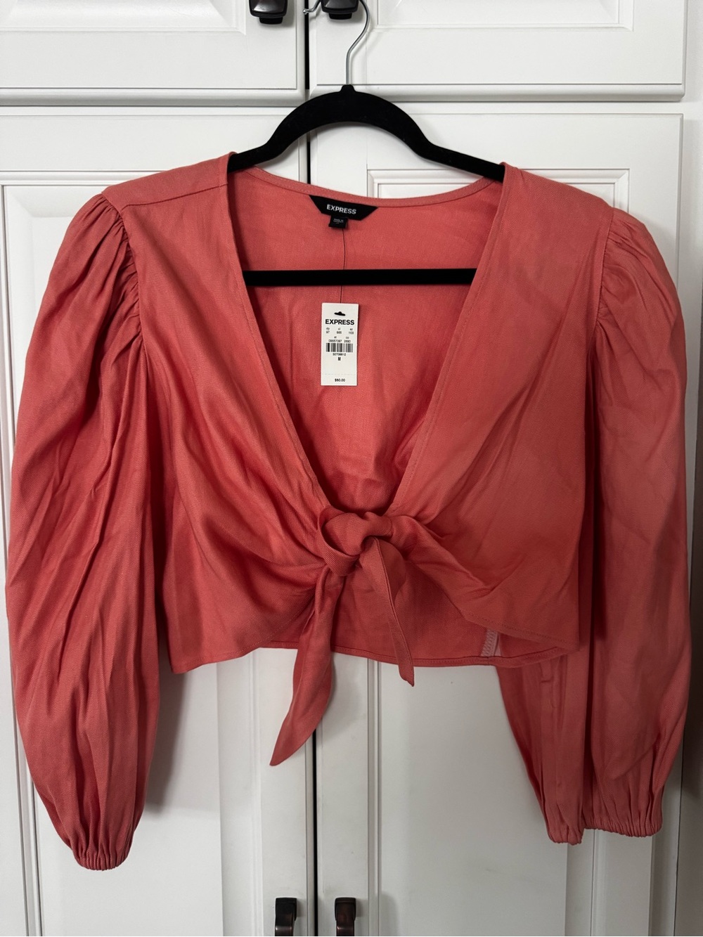 Express Coral Tie-Front Puff Sleeve Blouse